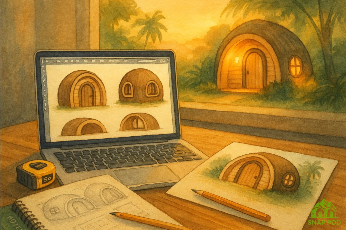 Laptop displaying 3D pod designs with hand-drawn sketches and a glowing camping pod in the background at sunset, promoting custom design services by Snap Pod