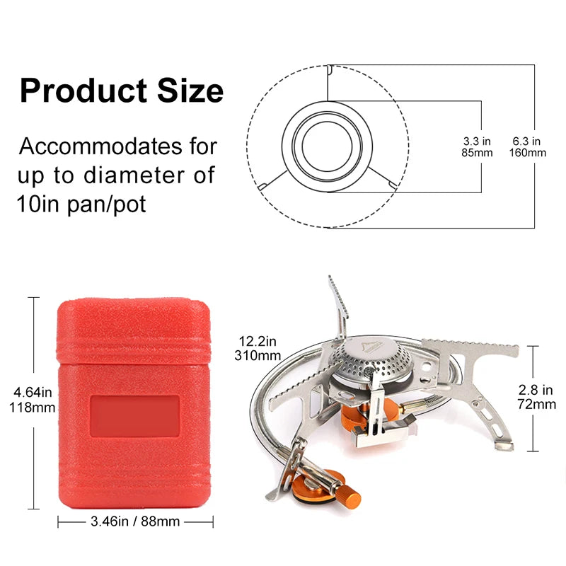 Measurement chart for a red container and a camping stove with dimensions labeled.