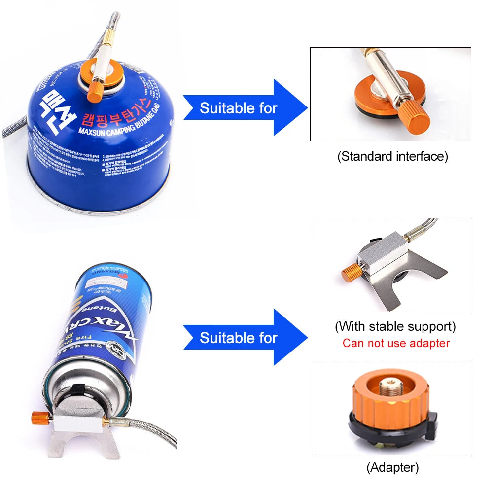 Fuel canisters with different interfaces and an adapter on a white background