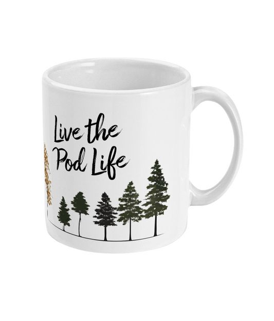 White mug with 'Live the Pod Life' text and tree design on a white background