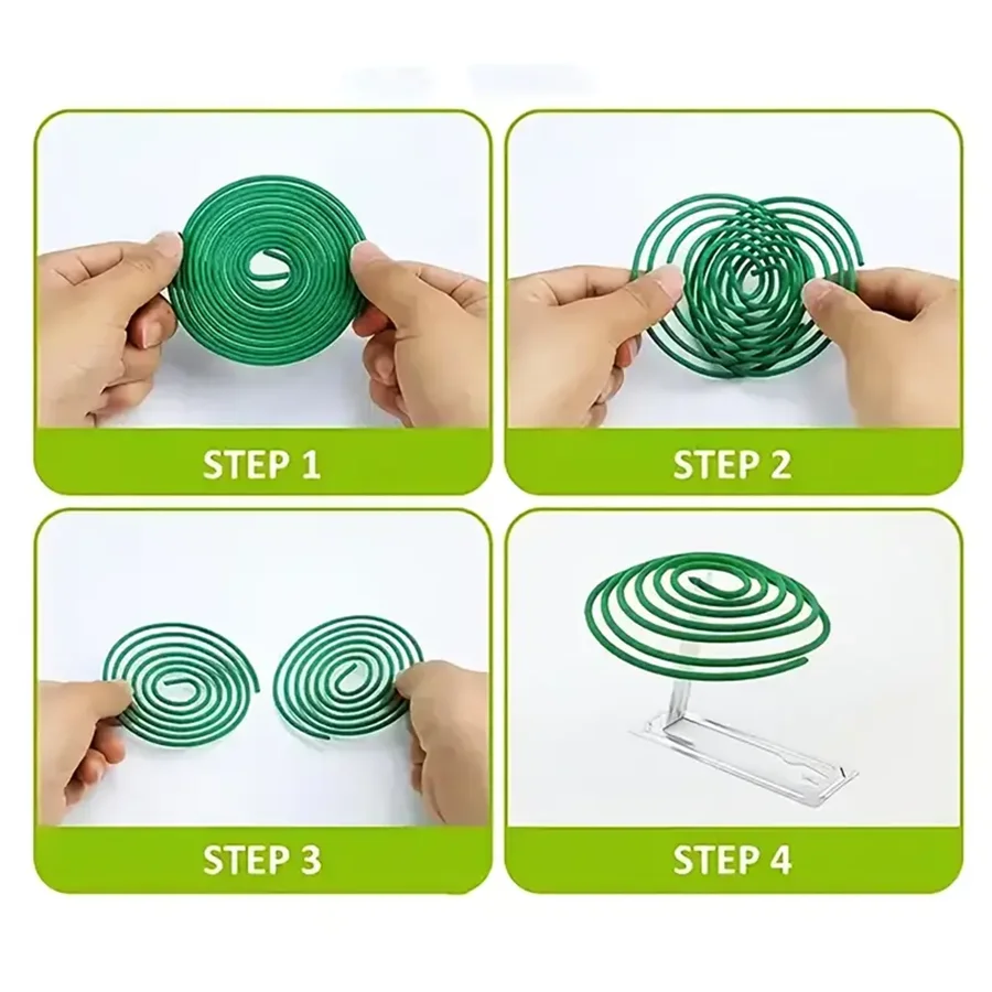 Step-by-step tutorial on how to use a green spiral tool with hands performing each step.