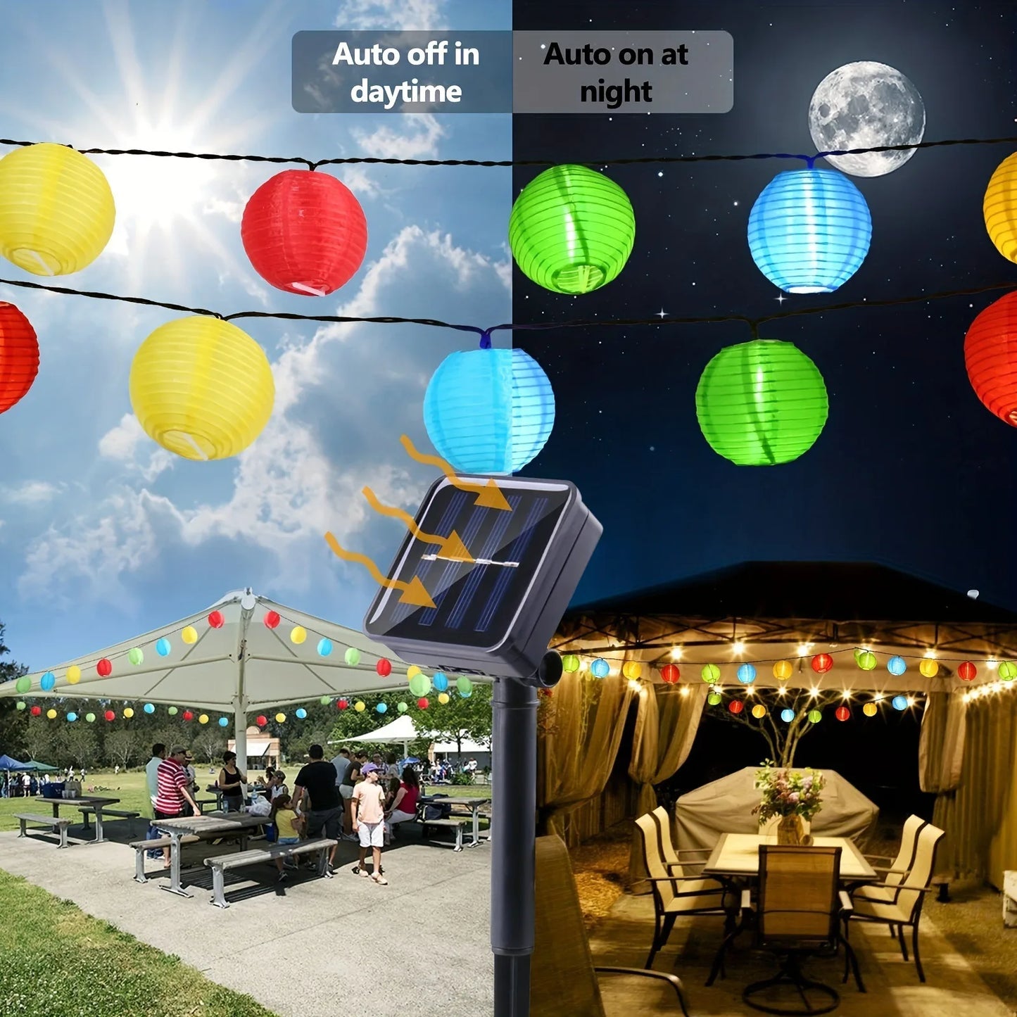 Solar-powered string lights with automatic on/off feature in outdoor setting