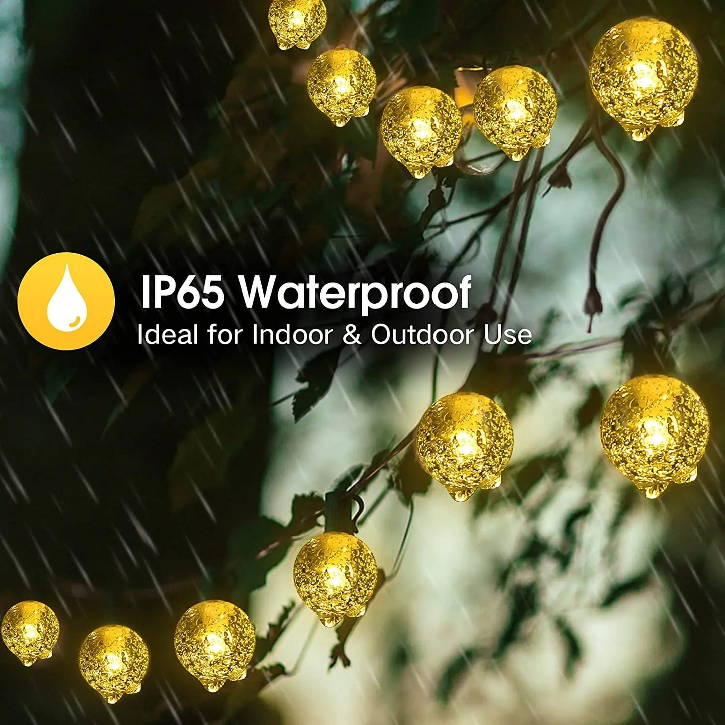 String lights with IP65 waterproof label on a dark background