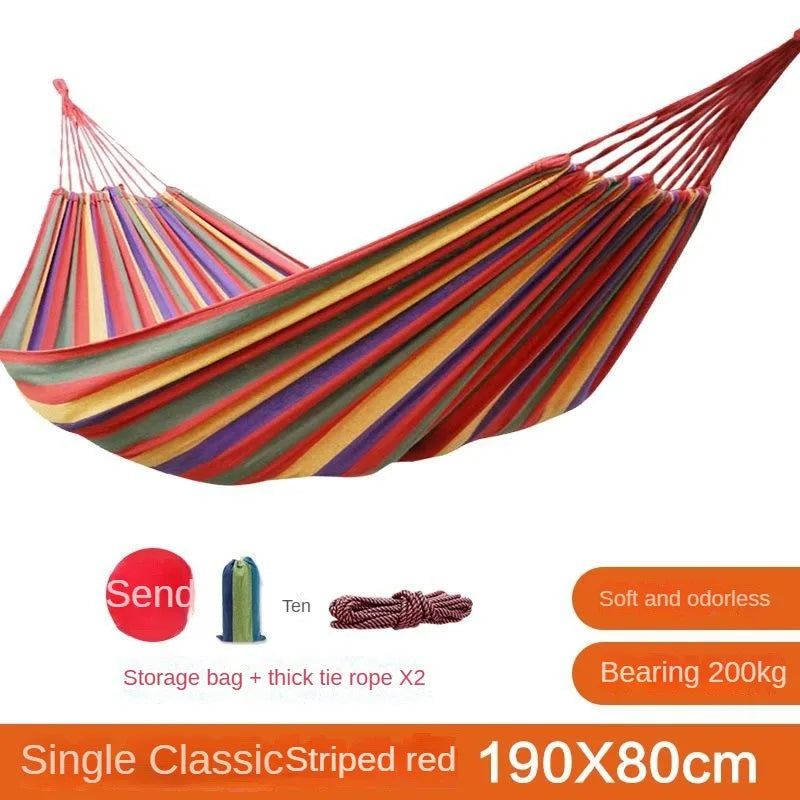 Colorful striped hammock with product details on a white background