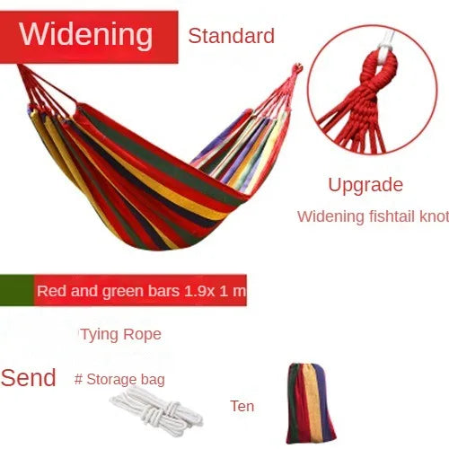 Colorful striped hammock with text describing features and accessories on a white background