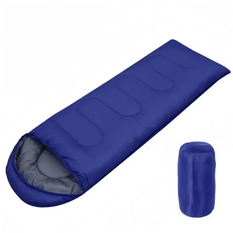 Blue sleeping bag with a smaller blue bag on a white background