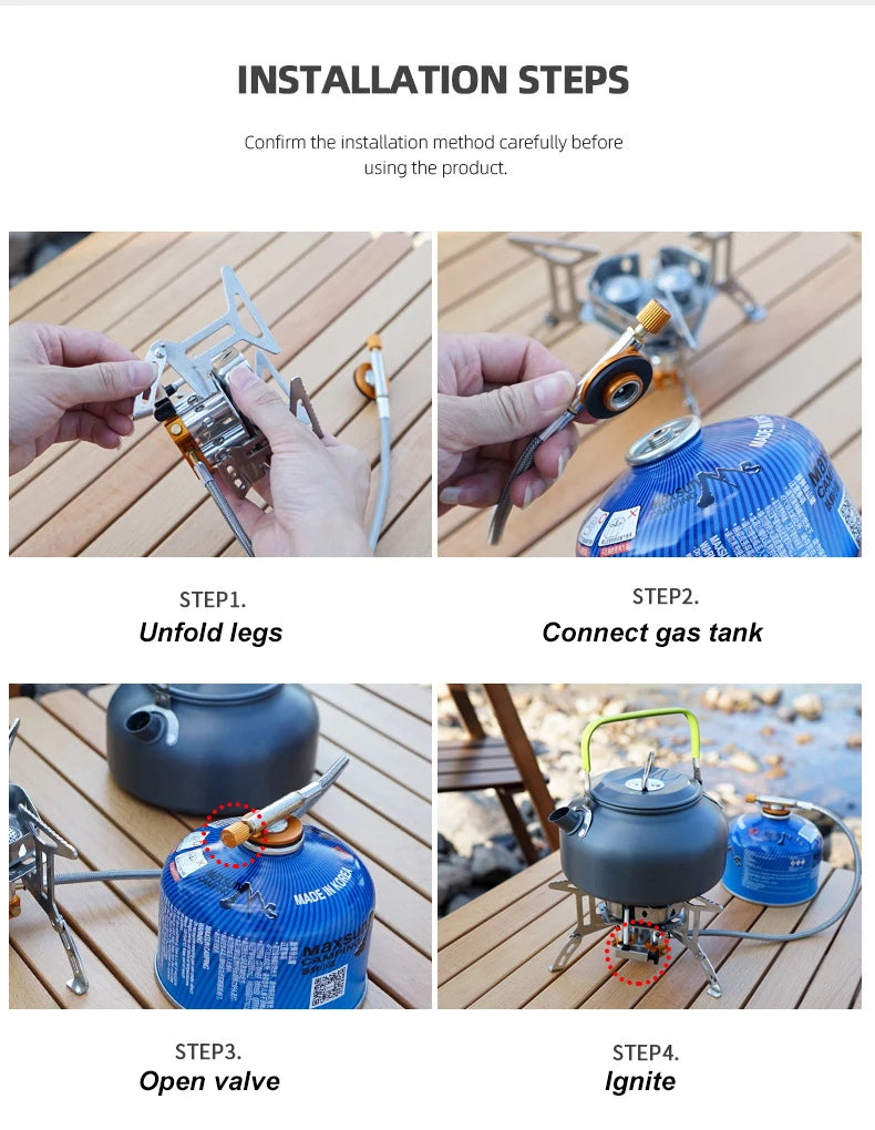 Step-by-step guide on how to assemble a camping stove with images of hands performing each step.