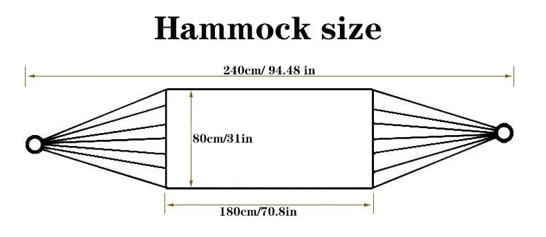 Diagram showing dimensions of a hammock with measurements in centimeters and inches.