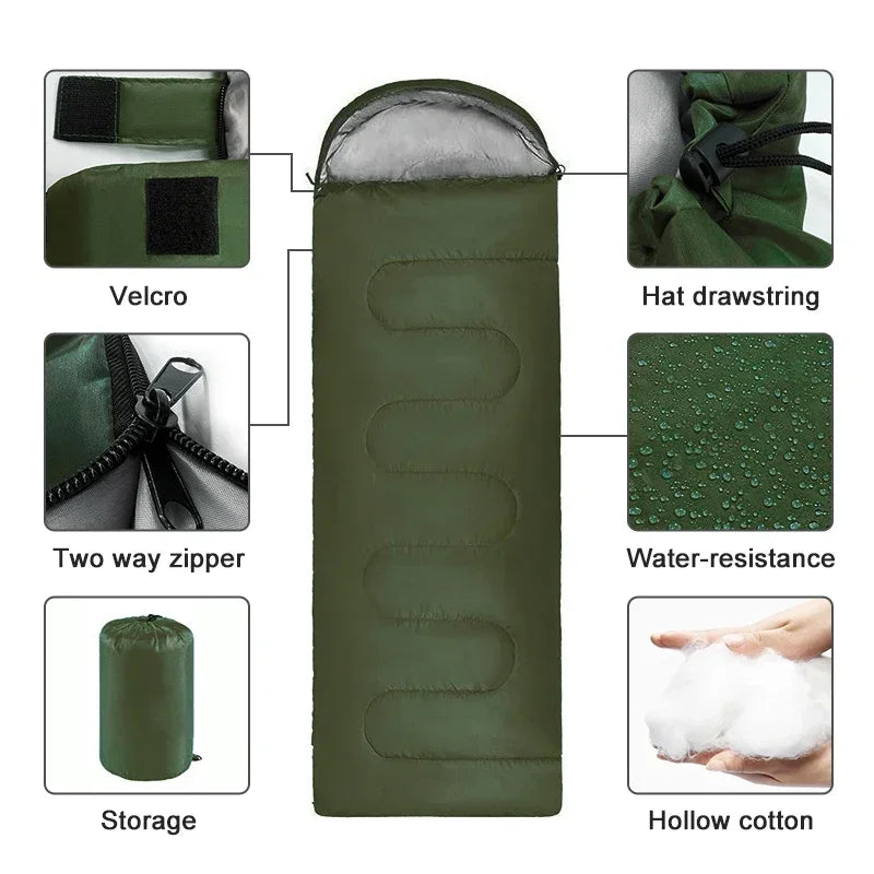 Green sleeping bag with features highlighted on a white background