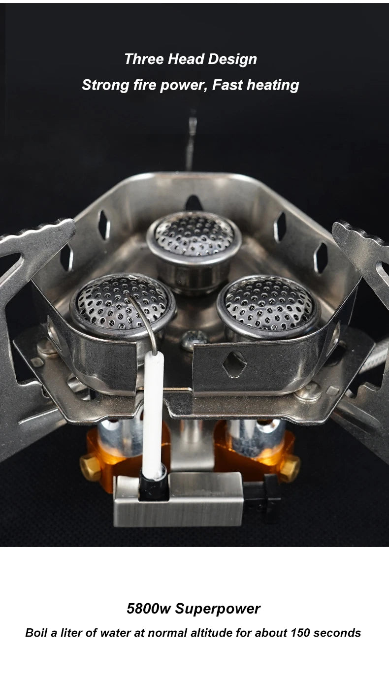 Metallic camping stove with three burners on a black background
