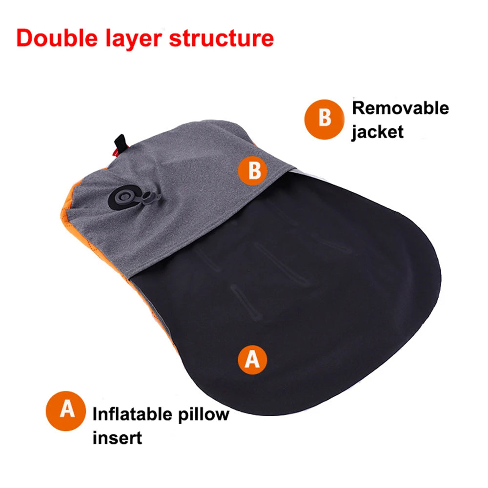 Inflatable pillow with removable jacket labeled on a white background