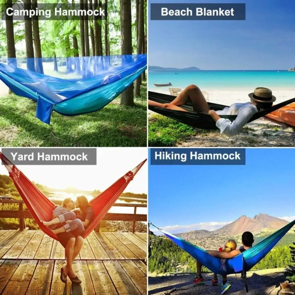 Collage of different types of hammocks used in various settings.