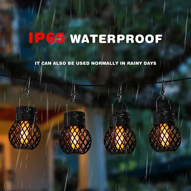 Four waterproof outdoor lights hanging in the rain with text indicating their IP65 rating.