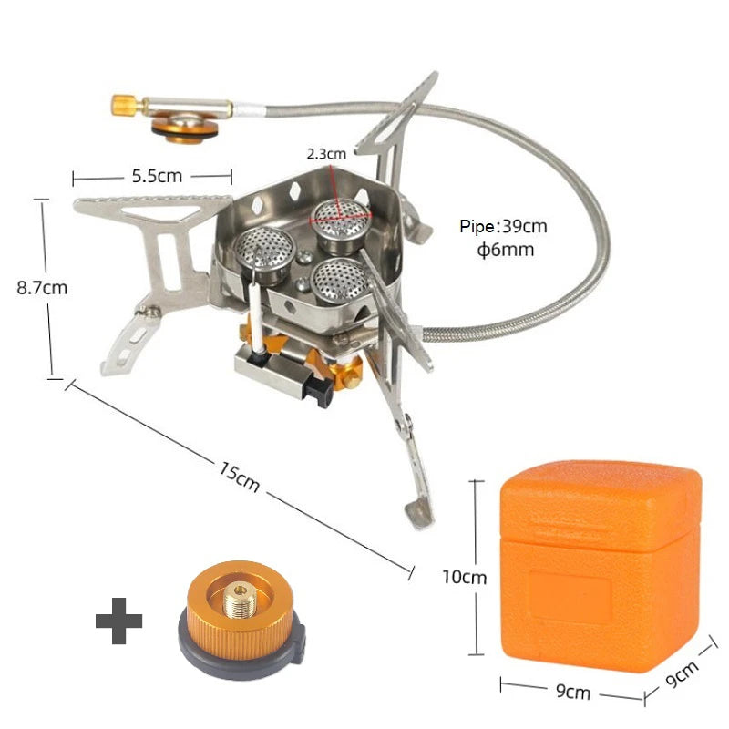 Camping stove with dimensions labeled on a white background
