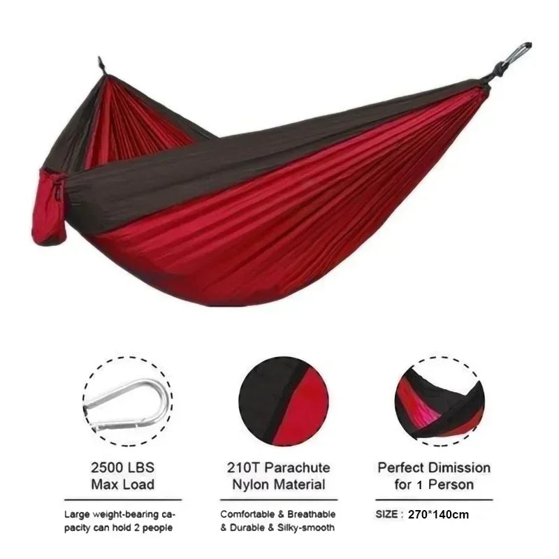 Red and black hammock with specifications on a white background