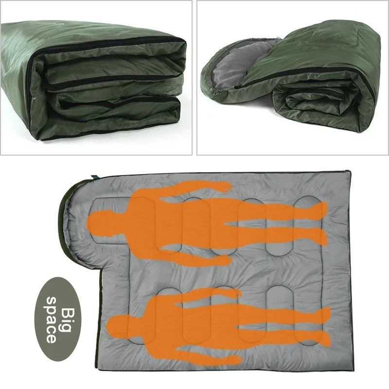 Green sleeping bag and gray inflatable mattress with orange figures showing space, on a white background.