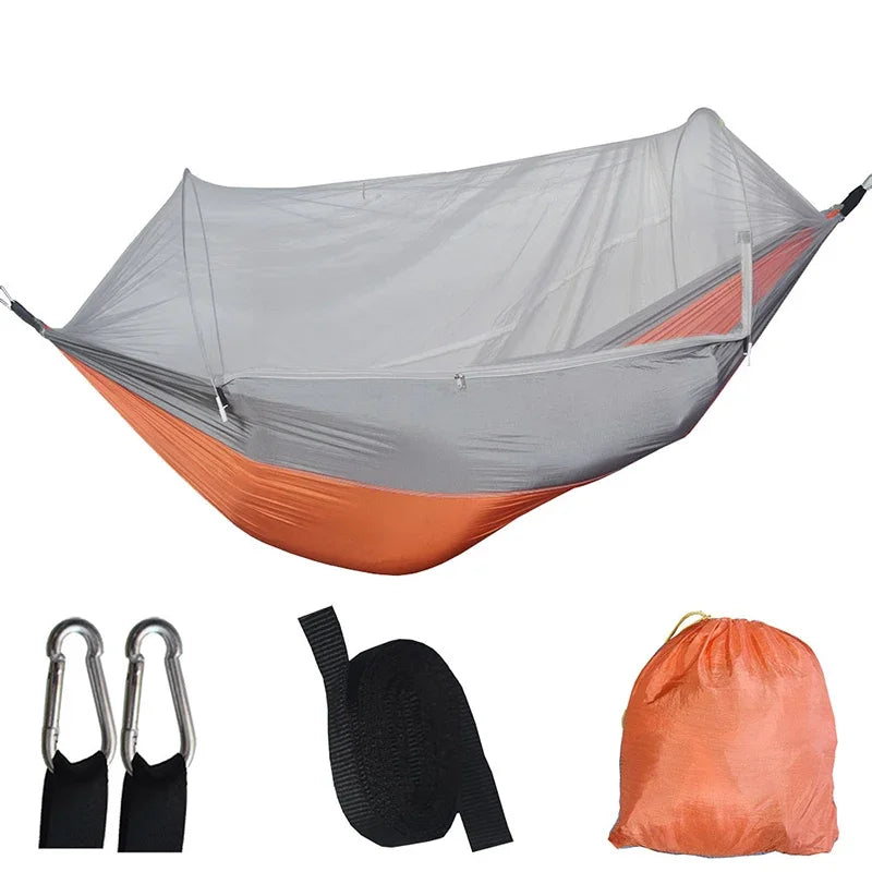 Gray and orange hammock with accessories on a white background