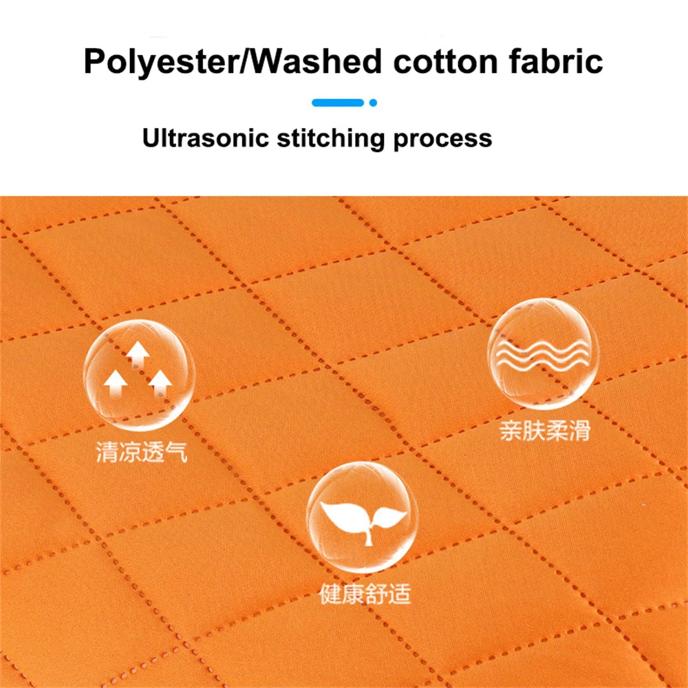 Orange quilted fabric with ultrasonic stitching process text and icons on a white background