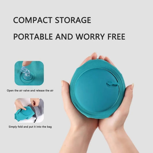 Teal silicone lid held by hands with text about compact storage and portability.