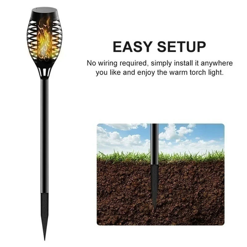Solar-powered outdoor light with text on easy setup and installation.