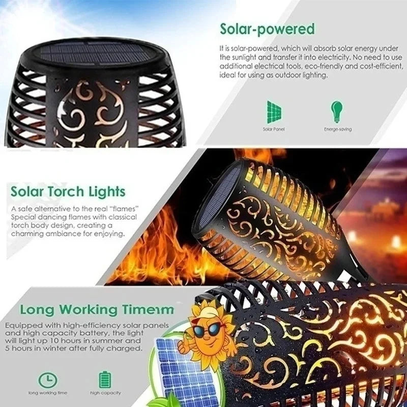 Solar-powered torch lights with decorative design, featuring text on solar power and long working time.