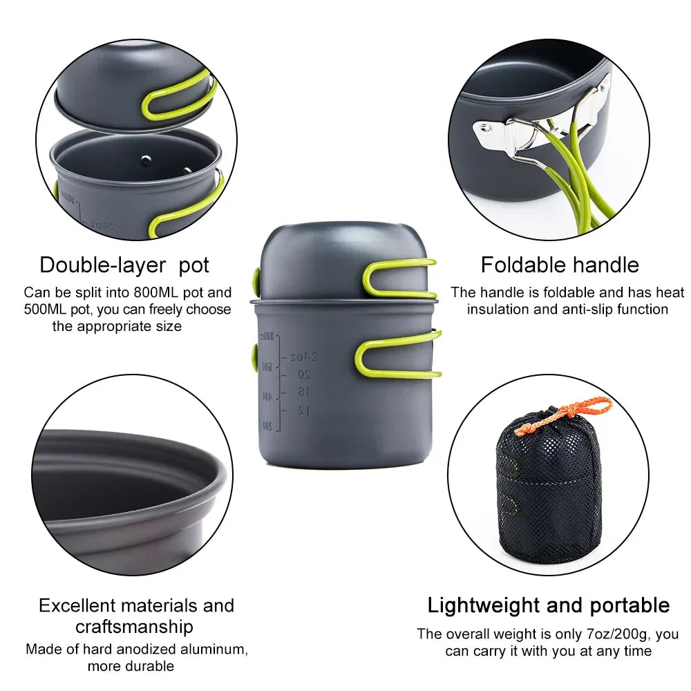 Portable cooking pot with foldable handle and multiple features highlighted