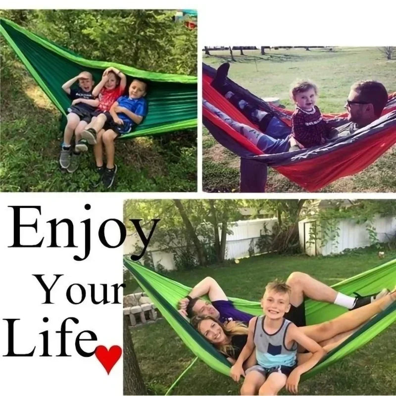 Collage of people relaxing in hammocks with text 'Enjoy Your Life' and a heart symbol.