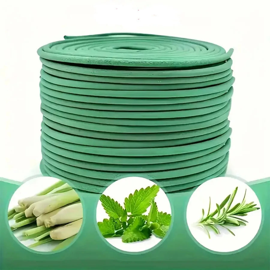 Roll of green garden hose with images of plants on a white background