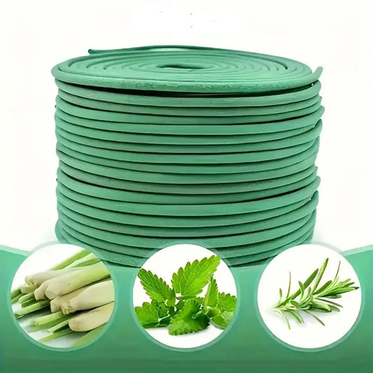 Roll of green garden hose with images of plants on a white background
