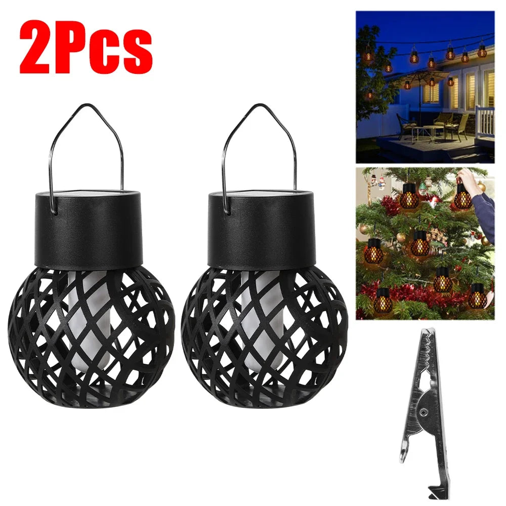 Two black lattice-style solar lanterns with a clip on a white background, shown with usage examples.