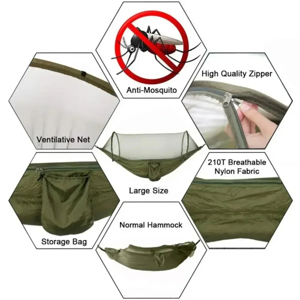 Green hammock with features highlighted on a white background