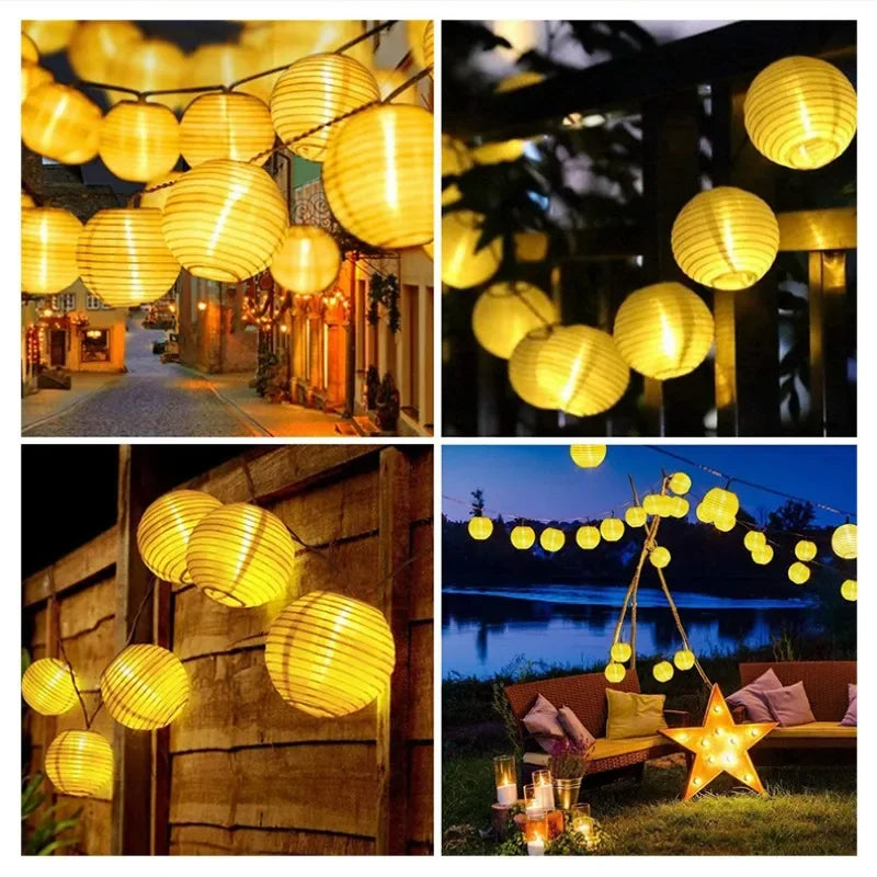 Collage of solar string lights in various outdoor settings