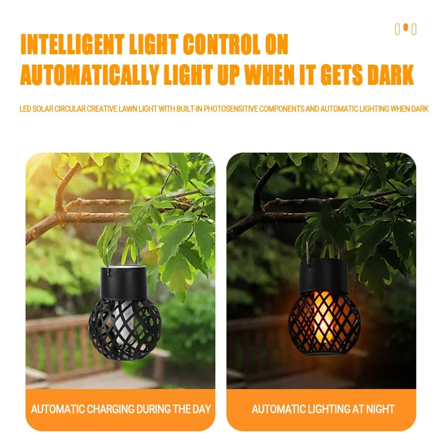 Solar-powered outdoor light with text on intelligent light control and automatic lighting.