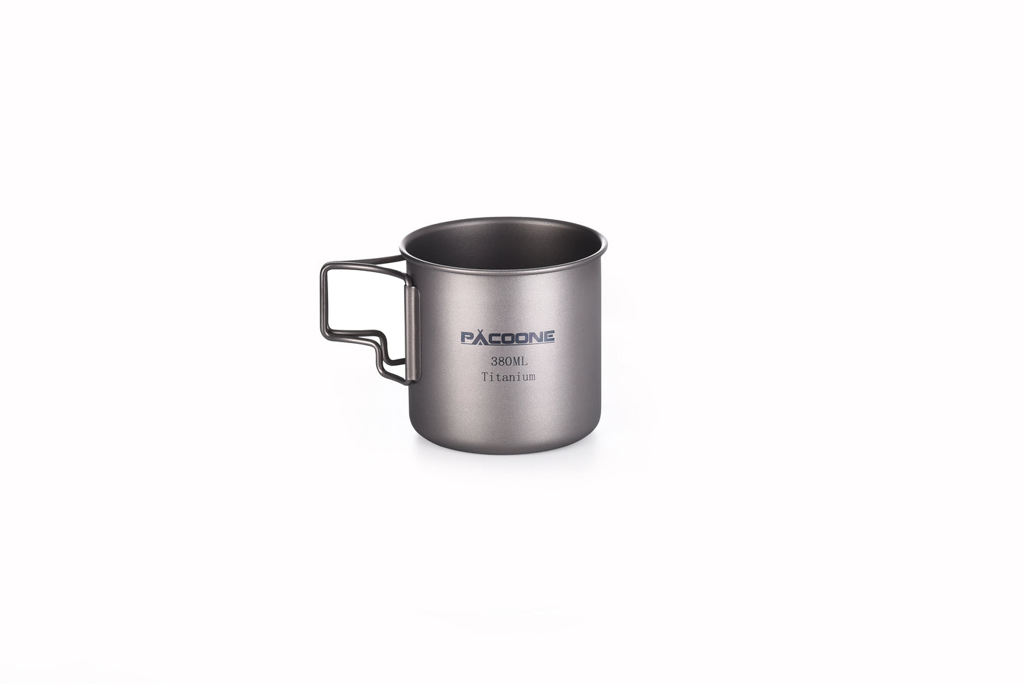 Silver camping mug with 'Pacsafe' branding on a white background