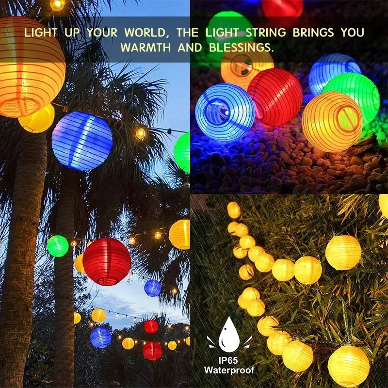 Colorful string lights in various settings with text about warmth and blessings.