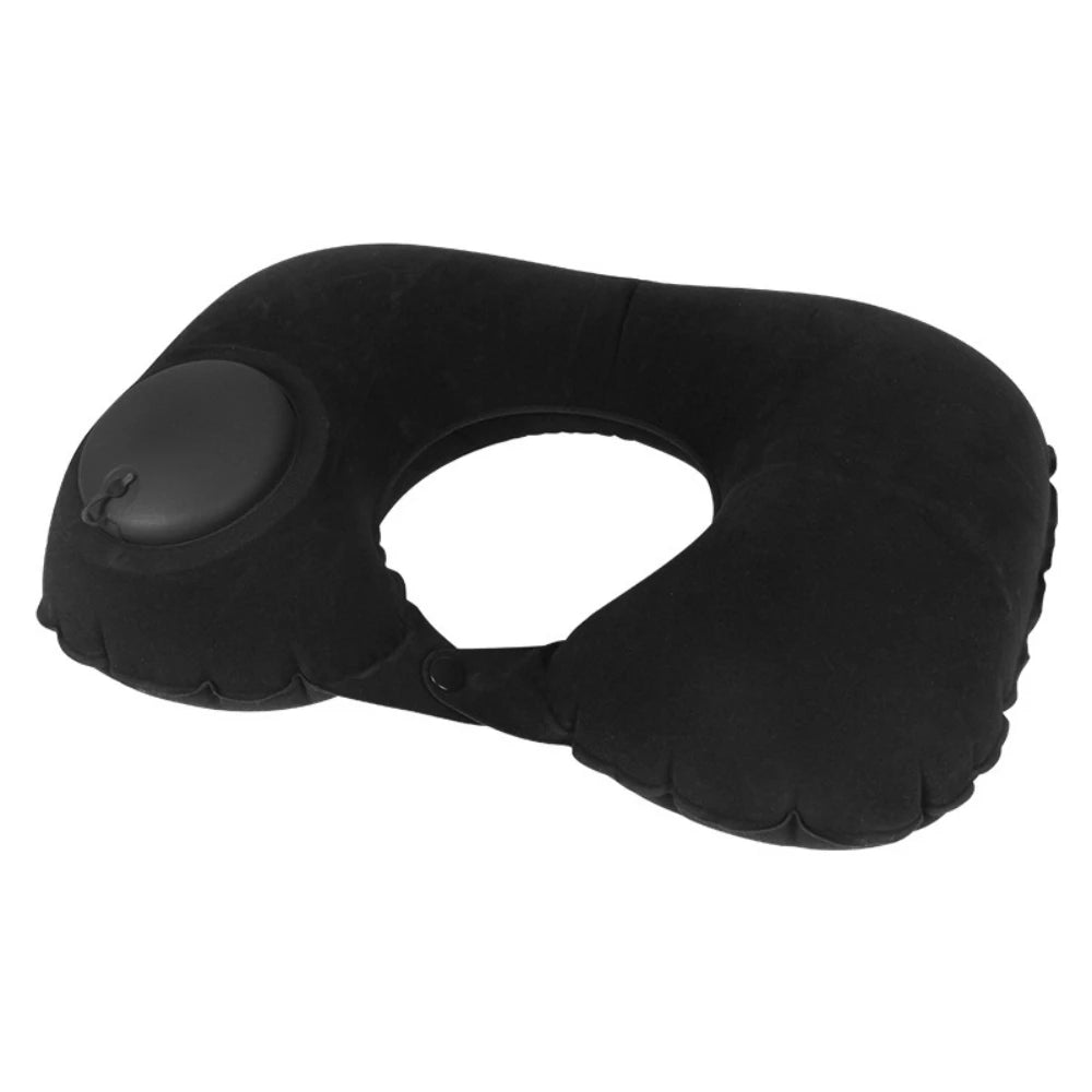 Black inflatable travel pillow on a white background