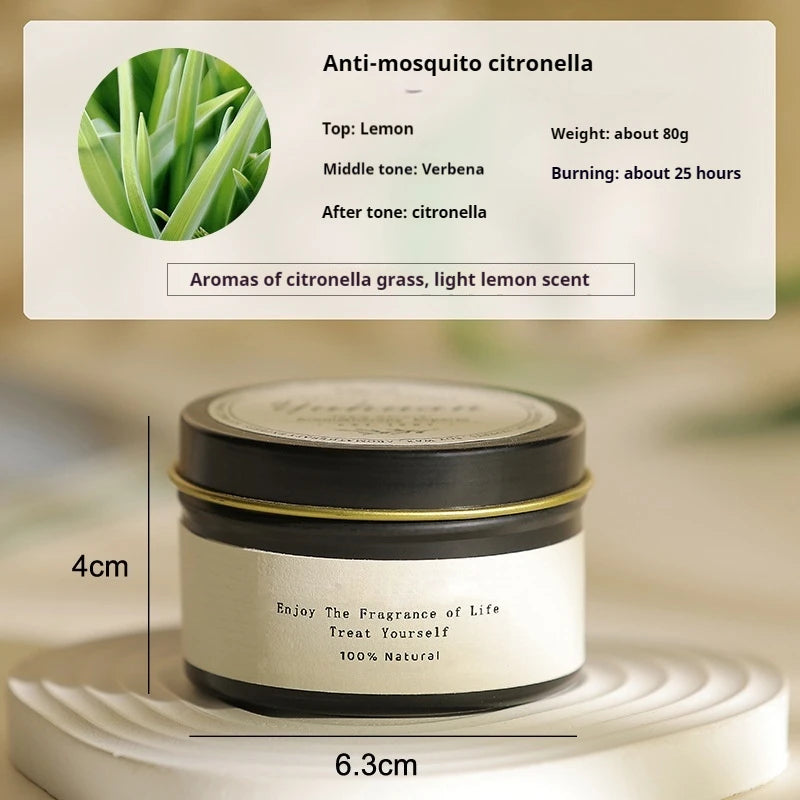 Anti-mosquito citronella product with label detailing ingredients and features on a neutral background