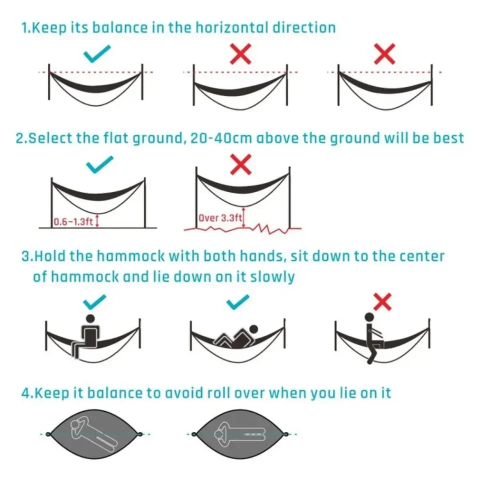 Instructions for using a hammock with icons and text on a white background