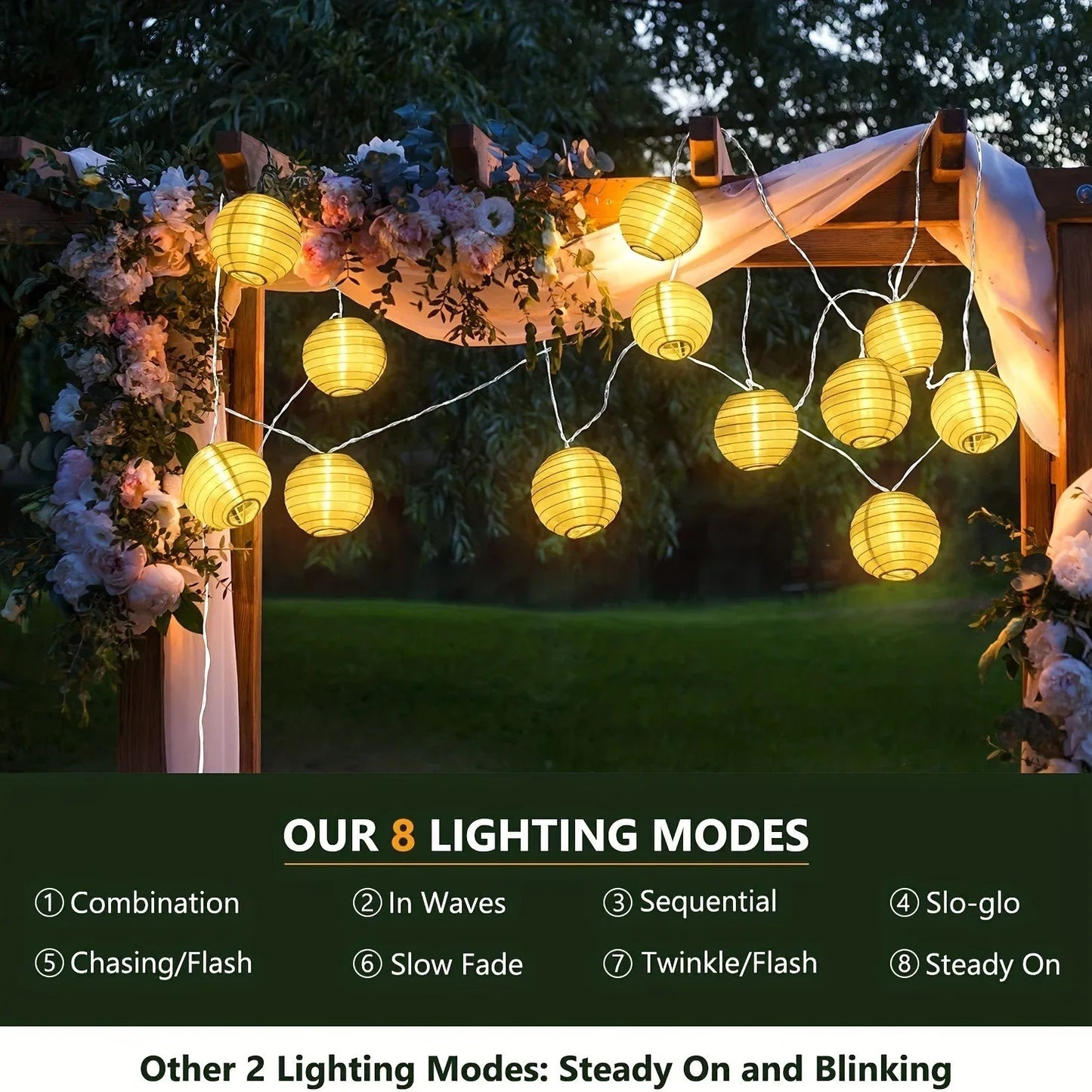 String lights with 8 different lighting modes displayed on a decorative archway.