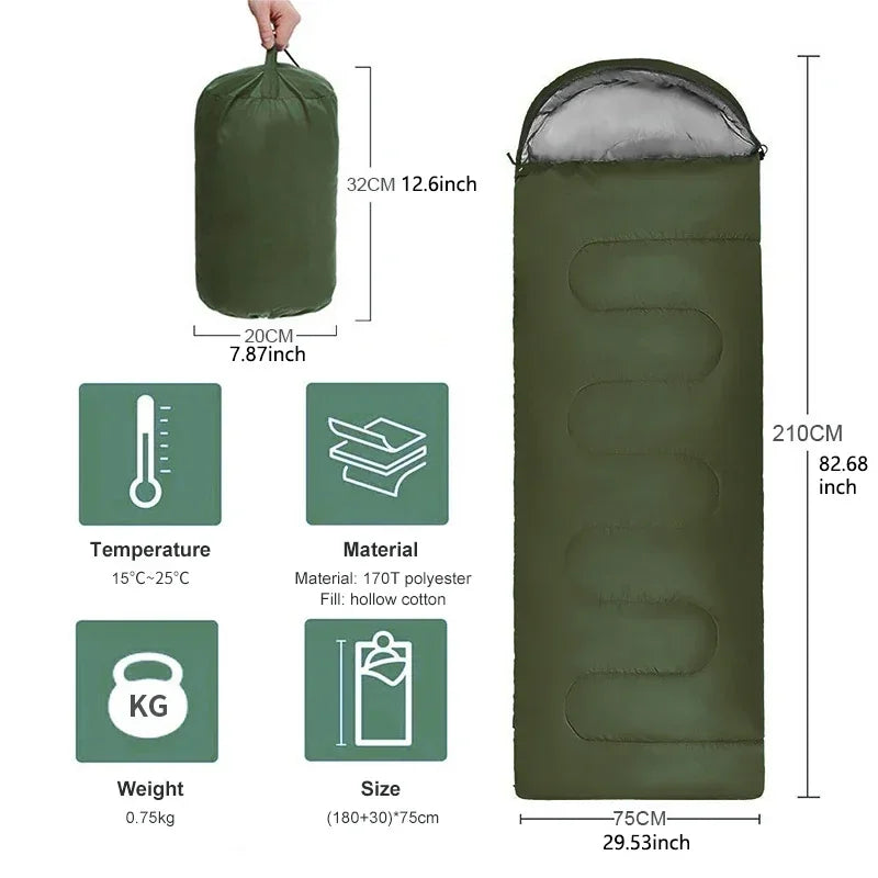 Green sleeping bag with dimensions, material, and features displayed on a white background