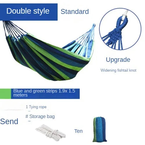 Blue and green striped hammock with product details on a white background