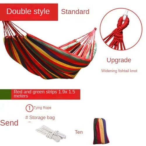 Colorful striped hammock with text describing features and accessories on a white background