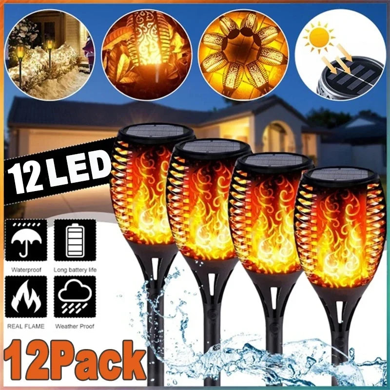 Solar-powered flame-themed lights with 12 LED lights, waterproof feature, and 12-pack packaging.