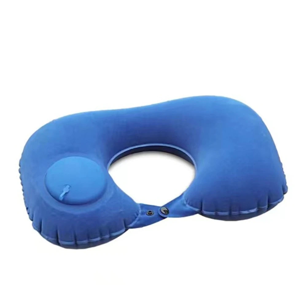 Blue inflatable travel pillow on a white background