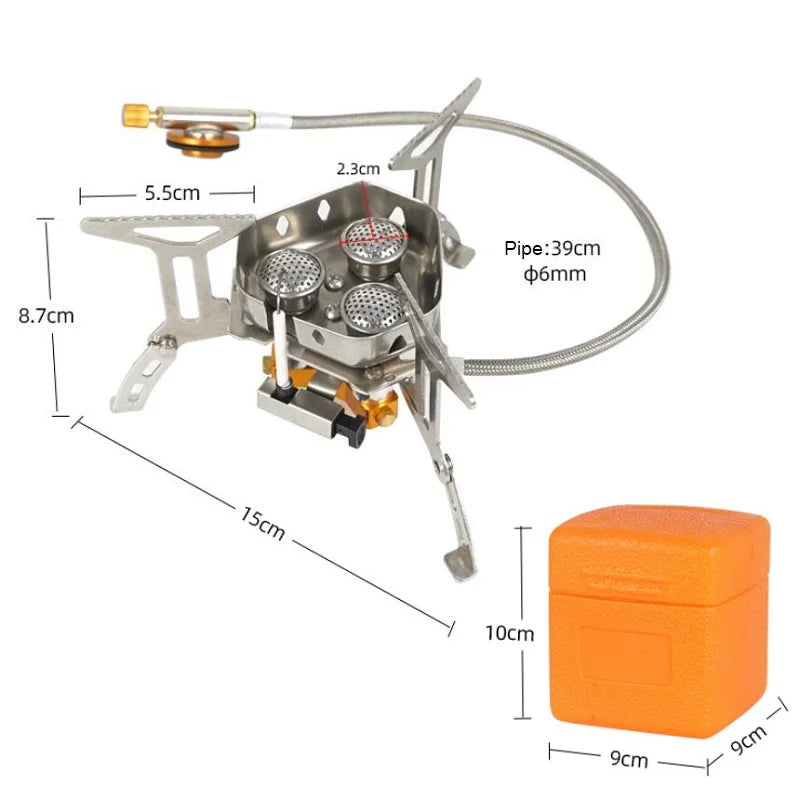 Measurement chart of a camping stove with an orange container on a white background