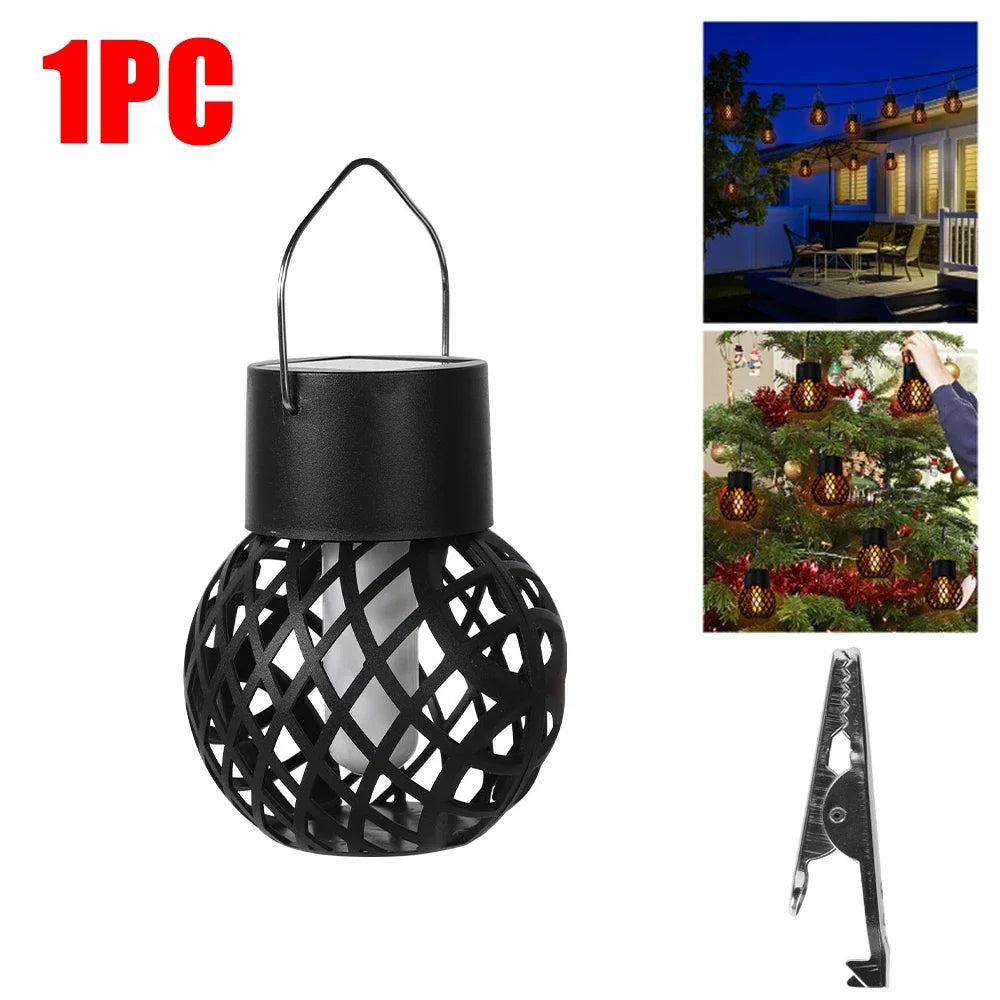 Black lattice-patterned solar lantern with outdoor usage examples on a white background
