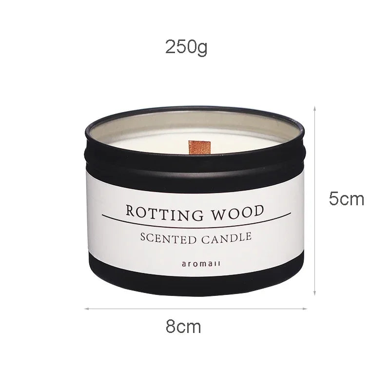 Scented candle labeled 'Rotting Wood' with dimensions on a white background