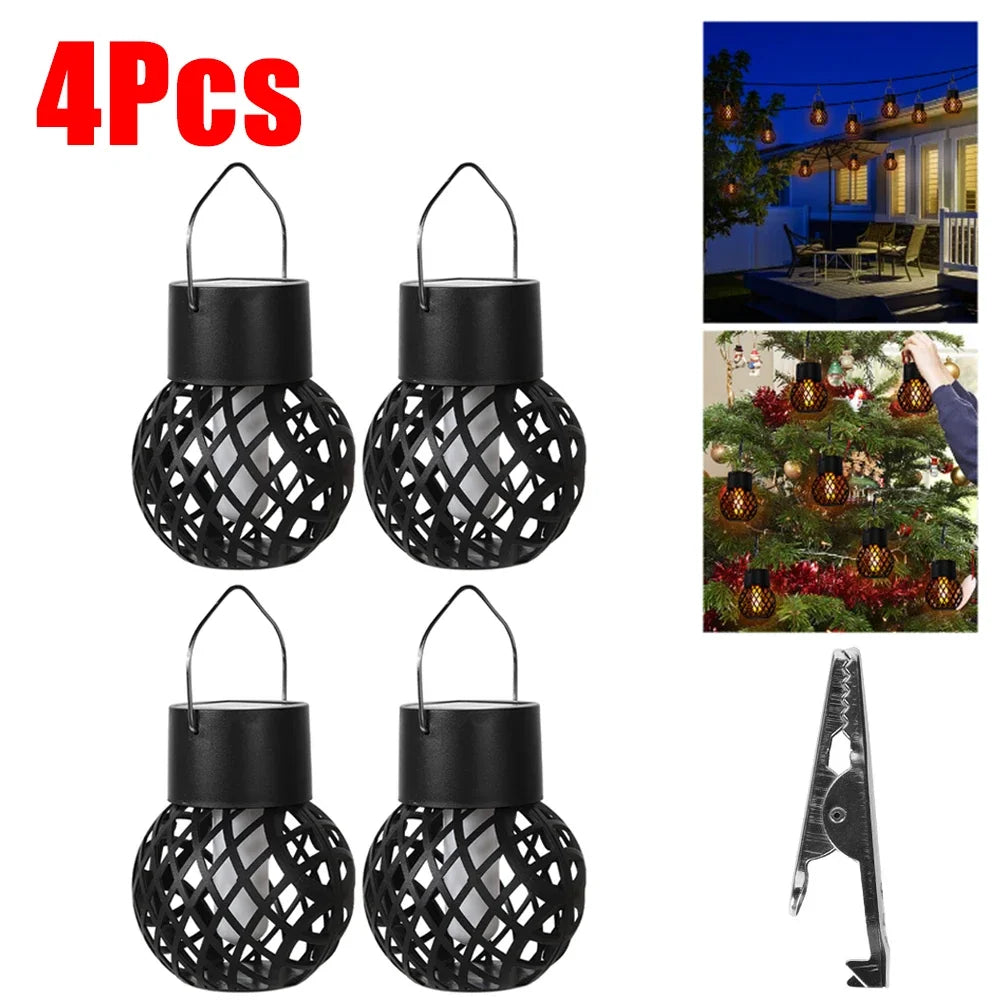 Four black lattice-style hanging lights with a clip on a white background, shown with additional usage scenarios.