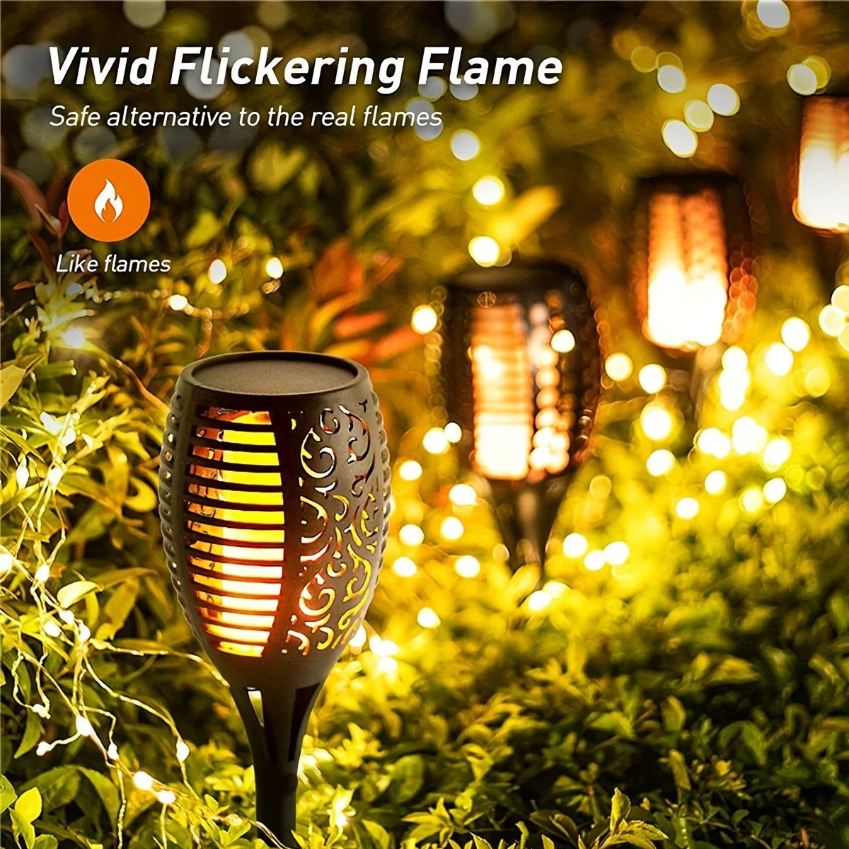 Solar-powered flame light in a garden setting with text 'Vivid Flickering Flame' and 'Safe alternative to the real flames'.