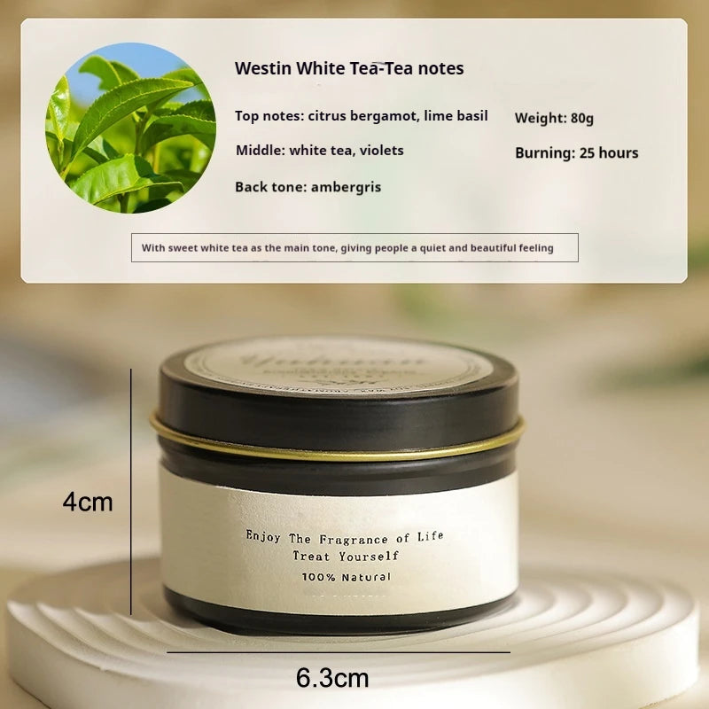 Candle container with Westin White Tea description on a blurred background